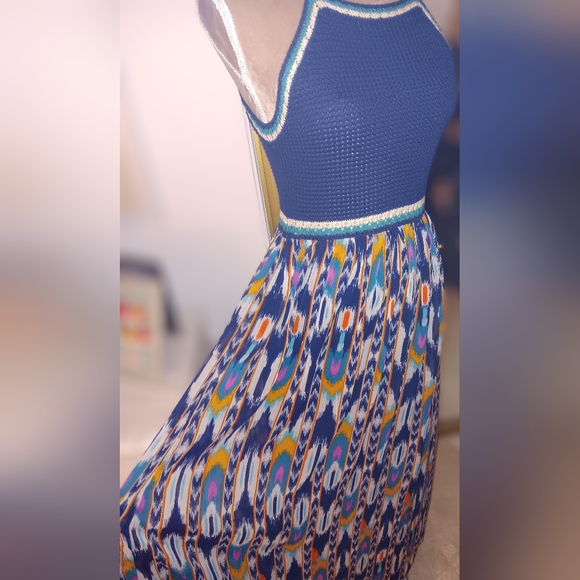 Xhiliration~Blue Crochet Tank Top Bohemian Colorful Aztec Maxi Dress - Picture 3 of 14
